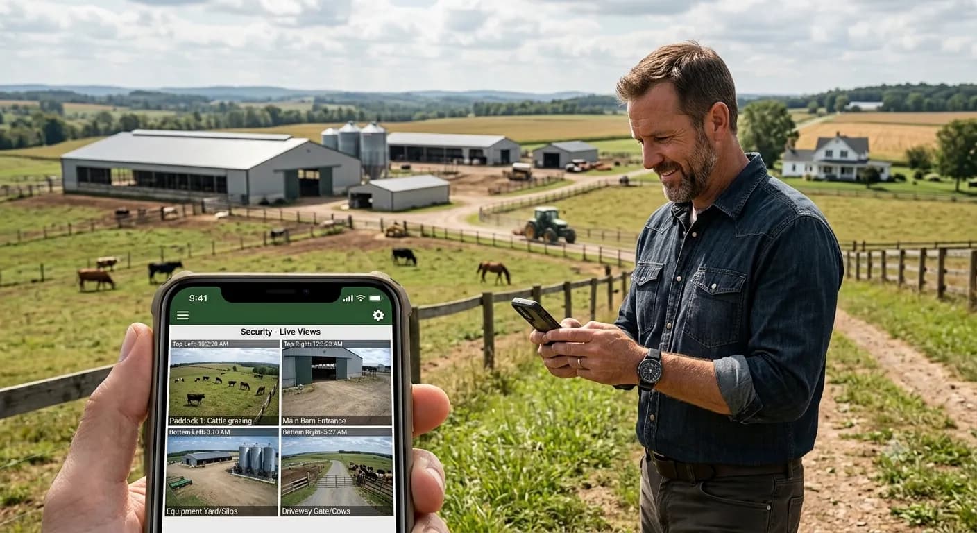 Farm owner using the app to view and share camera access across the property